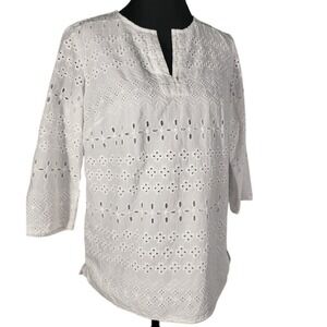 Talbots White Eyelet Tunic Women's Top Notch V-neck Cotton Relaxed Popover